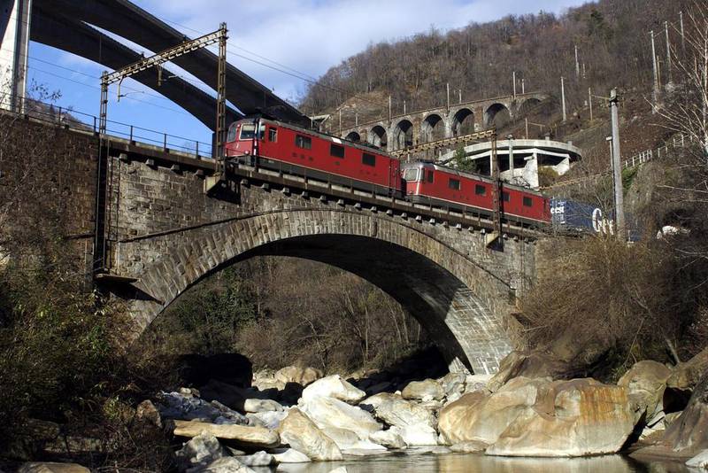 Two trains on the Gotthard train line between Bodio and Giornico, Switzerland, in 2003. Karl Mathis / EPA