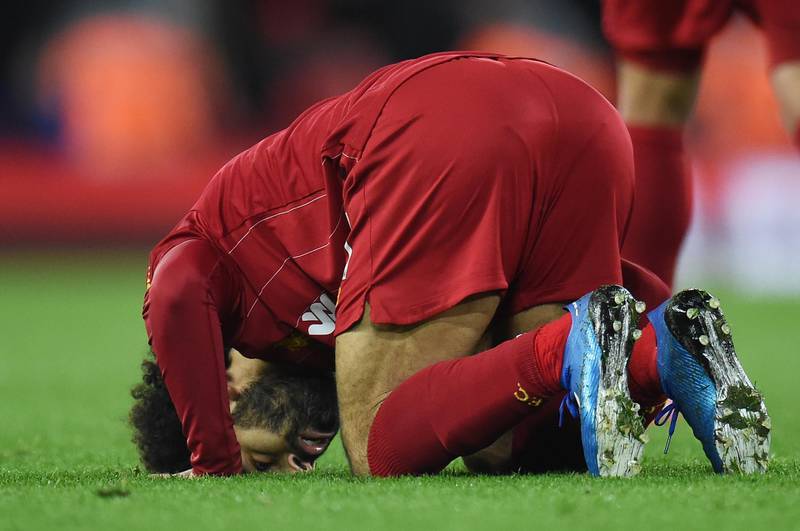 Mohamed Salah of Liverpool celebrates after scoring to make it 2-2. EPA