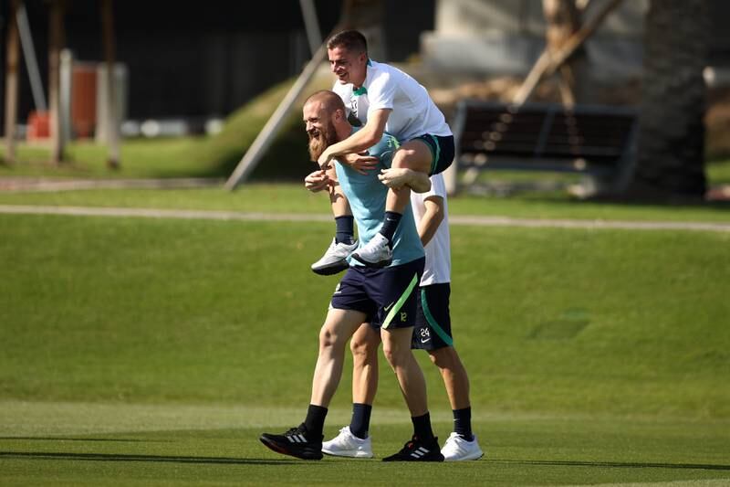 Hijinks involving Australia's Andrew Redmayne and Cameron Devlin during training at the Aspire Training Ground in Doha. Getty Images
