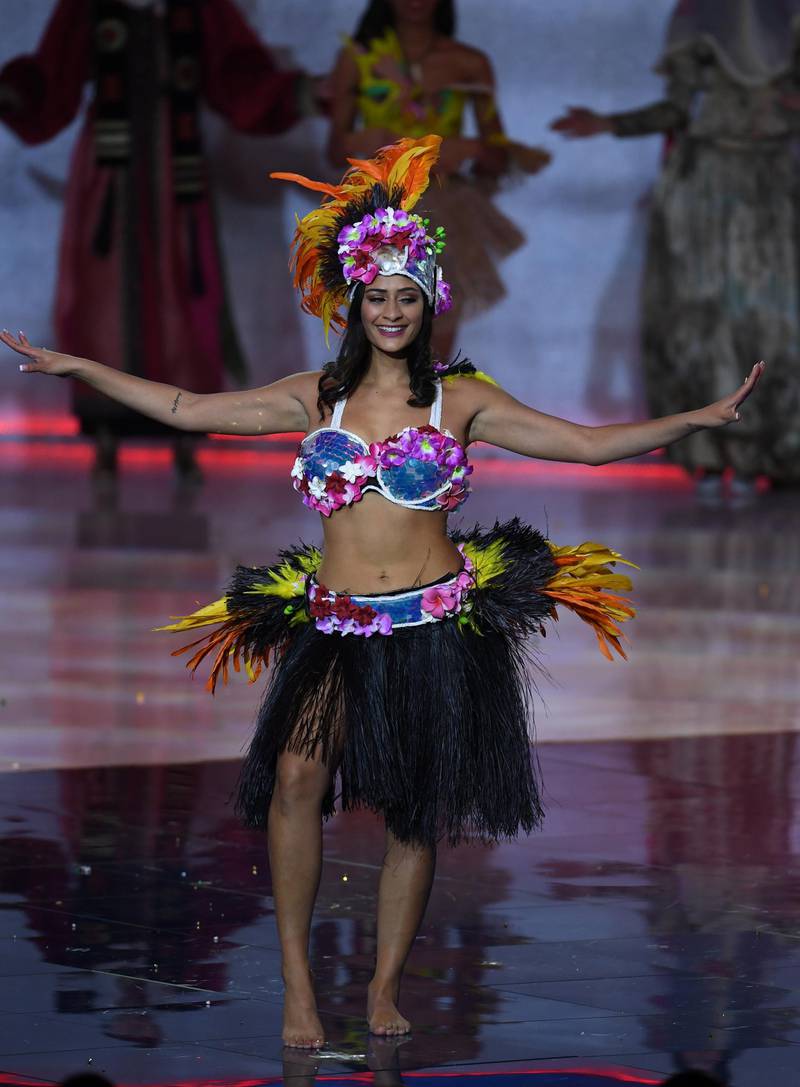 Miss Cook Islands Tajiya Eikura Sahay performs during the Miss World 2019 final in the ExCel centre in London. EPA