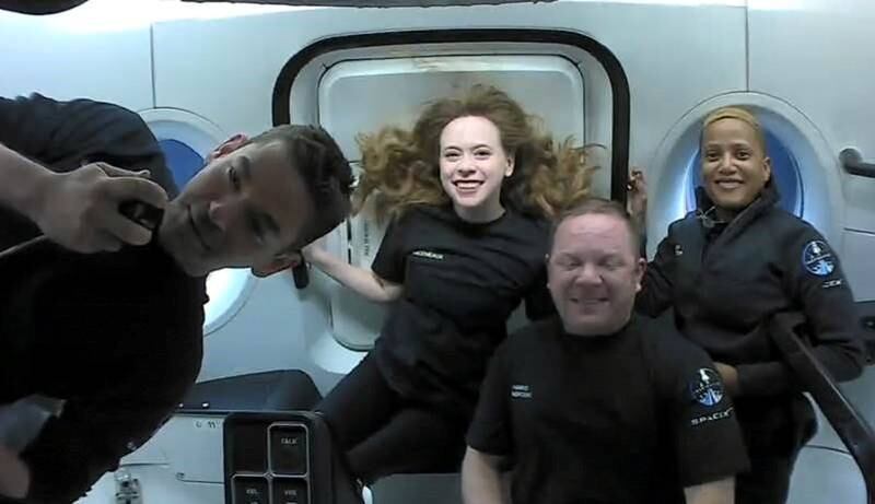 First day at the office. Inspiration4 crew Jared Isaacman, Sian Proctor, Hayley Arceneaux, and Chris Sembroski in zero gravity. Reuters