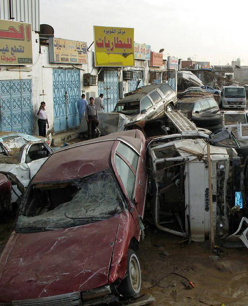 A pile of cars in the Saudi coastal city of Jeddah on November 29, 2009 following a flash flood which killed more than 100 people. AFP Photo