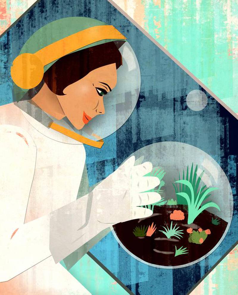 When growing plants in space, scientists must trick them into mimicking the behavior of plants on Earth - of turning towards a source of light. Illustration by Sarah Lazarovic