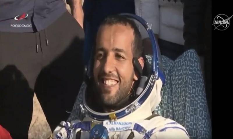 Hazza Al Mansouri is all smiles on landing. Nasa / YouTube screengrab