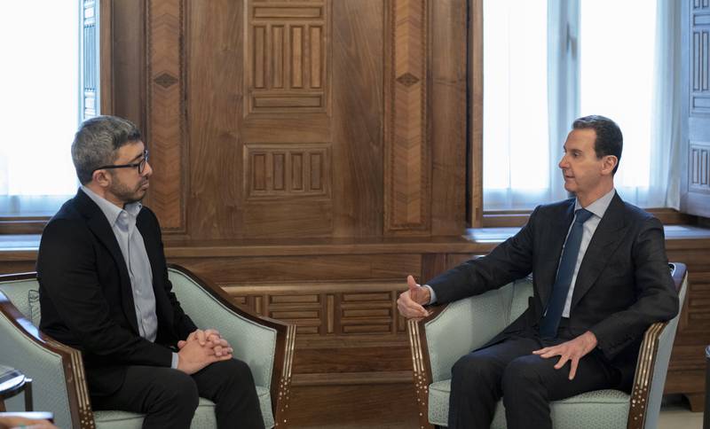 The Minister for Foreign Affairs and International Co-operation, Sheikh Abdullah bin Zayed, meets Syrian President Bashar Assad in Damascus on February 12. Sana via AP