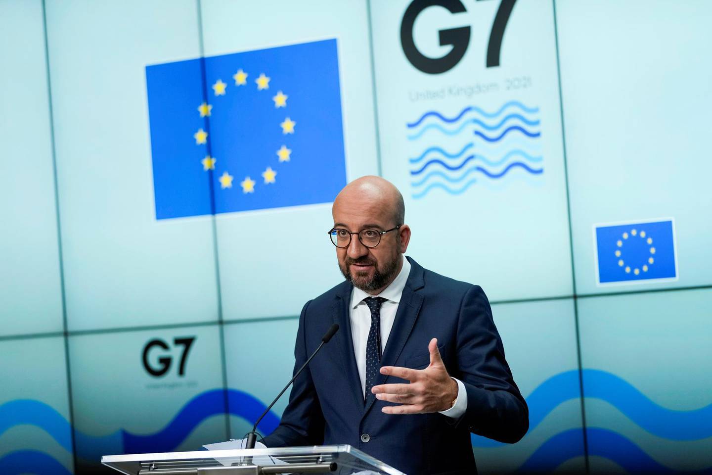 European Council President Charles Michel speaks during a joint news conference with  European Commission President Ursula von der Leyen ahead of the G7 summit, at the EU headquarters in Brussels, Belgium June 10, 2021. Francisco Seco/Pool via REUTERS