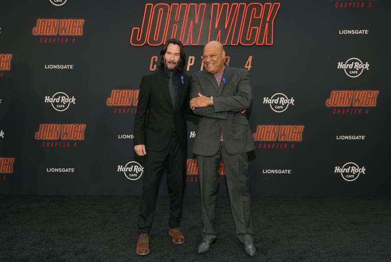Keanu Reeves and Laurence Fishburne at the John Wick: Chapter 4 premiere at the TCL Chinese Theatre in Los Angeles. AP