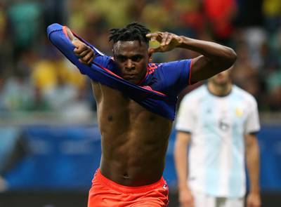 Colombia's Roger Martinez celebrates scoring their first goal. Reuters