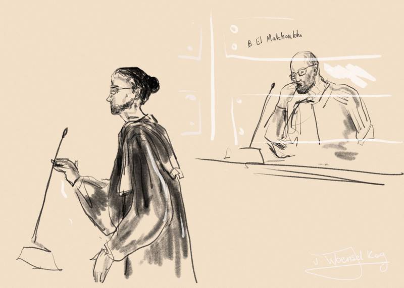 A court sketch of Bilal El Makhouki, one of those standing trial for the 2016 atrocities. AFP