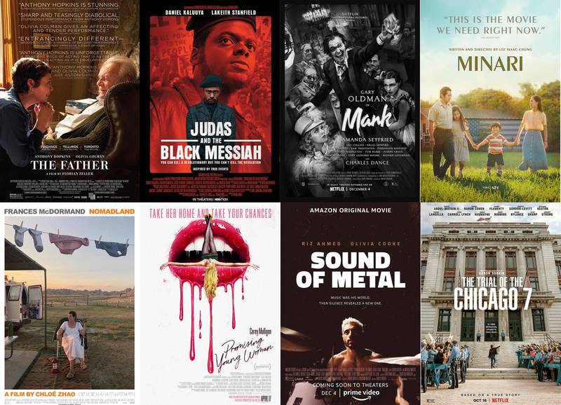 This combination photo shows poster art for best picture Oscar nominees, top row from left, "The Father," "Judas and the Black Messiah," "Mank," "Minari," bottom row from left, "Nomadland," "Promising Young Woman," Sound of Metal," and The Trial of the Chicago 7." (Sony Pictures Classics/Warner Bros. Pictures, Netflix, A24, Searchlight Pictures, Focus Features, Amazon Studios, Netflix via AP)