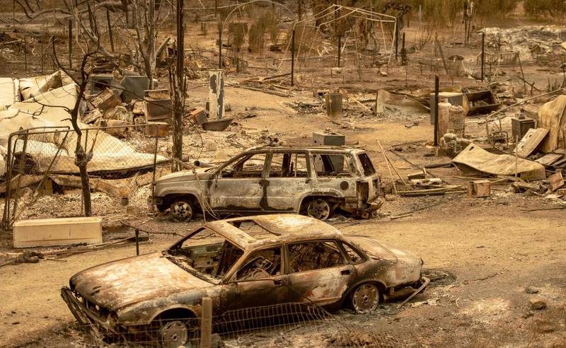 The burnt out cars after the ranch fire, part of the Mendocino Complex Fire, hit Spring Valley near Clearlake Oaks, California. AFP Photo