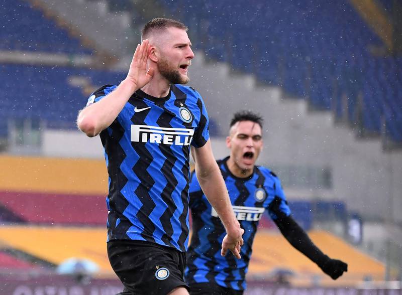 Milan Skriniar celebrates scoring Inter Milan's first goal during the 2-2 Serie A draw at Roma on Sunday, January 10. Reuters