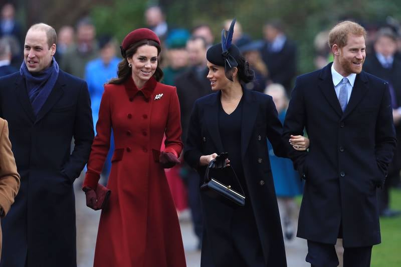 Prince William, Catherine, Meghan, Duchess of Sussex, and Prince Harry arrive to attend Christmas Day church service at Church of St Mary Magdalene on the Sandringham Estate in December 2018. 