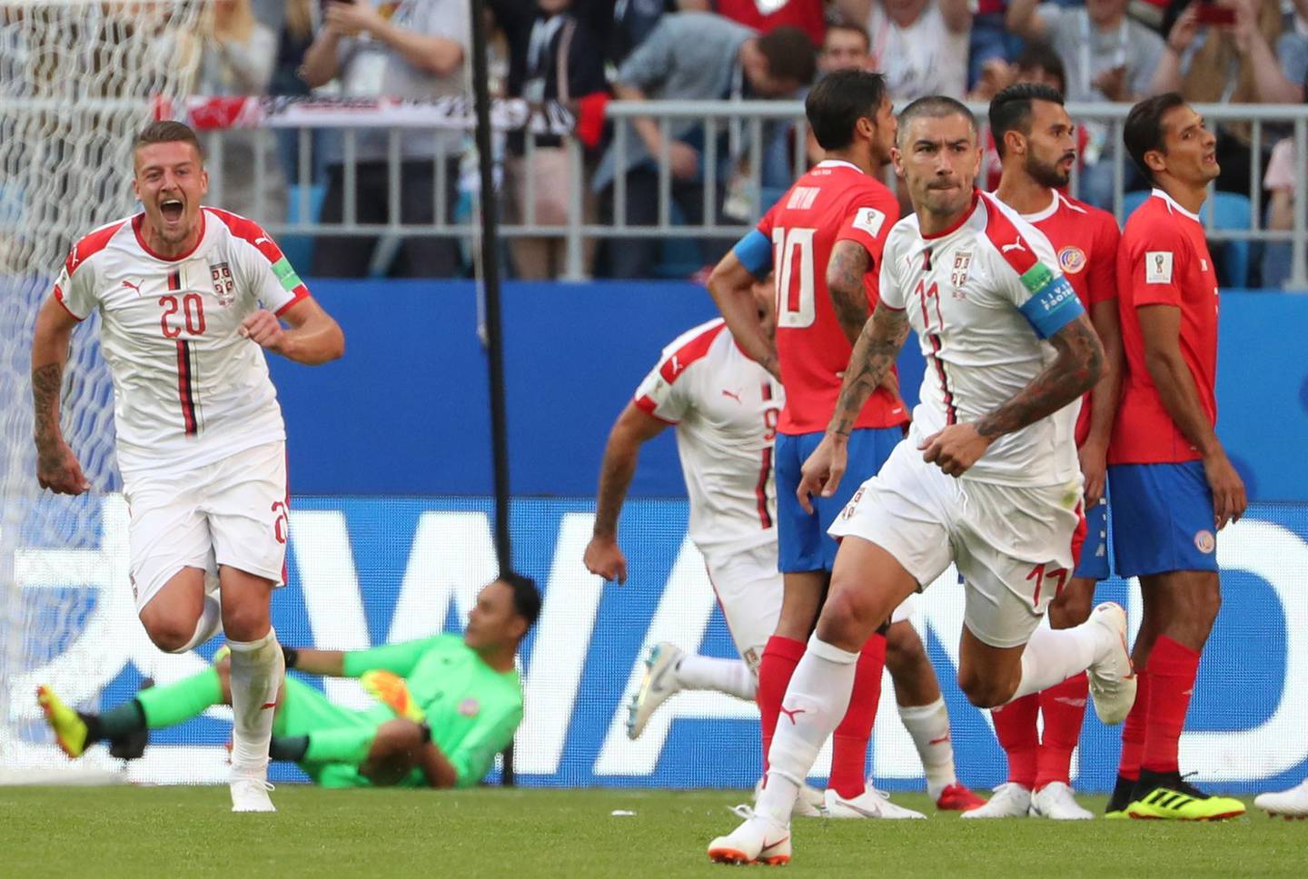 epa06815588 Aleksandar Kolarov (R) of Serbia celebrates after scoring the 1-0 lead during the FIFA World Cup 2018 group E preliminary round soccer match between Costa Rica and Serbia in Samara, Russia, 17 June 2018.

(RESTRICTIONS APPLY: Editorial Use Only, not used in association with any commercial entity - Images must not be used in any form of alert service or push service of any kind including via mobile alert services, downloads to mobile devices or MMS messaging - Images must appear as still images and must not emulate match action video footage - No alteration is made to, and no text or image is superimposed over, any published image which: (a) intentionally obscures or removes a sponsor identification image; or (b) adds or overlays the commercial identification of any third party which is not officially associated with the FIFA World Cup)  EPA/TATYANA ZENKOVICH   EDITORIAL USE ONLY