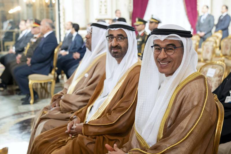 ALEXANDRIA, EGYPT - March 27, 2019: HE Mohamed Al Abbar, Founder and Chairman of Emaar Properties and Board Member of Eagle Hills (R) and HE Sultan bin Rashid Al Shamsi (2nd R), attend an MOU signing ceremony at Ras El Tin Palace.

( Mohamed Al Hammadi / Ministry of Presidential Affairs )
---