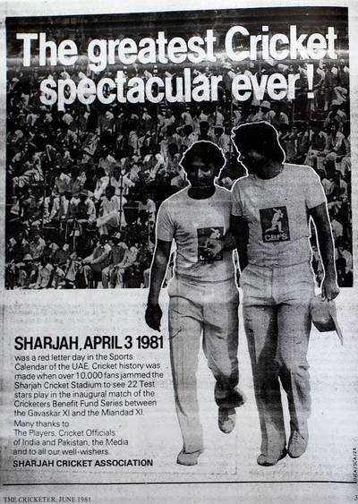 An advert for the  match between Gavaskar XI and Miandad XI which took place at Sharjah Cricket Stadium, April 3 1981. Courtesy: The Cricketer Pakistan