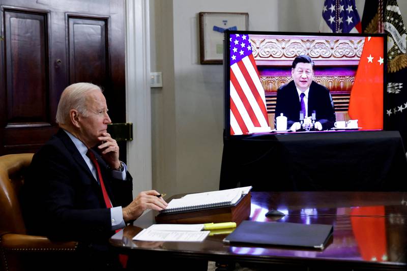 US President Joe Biden in online discussions with Chinese leader Xi Jinping at the White House in Washington in November. The prospect of a visit to Taiwan by House Speaker Nancy Pelosi is testing US-China relations.