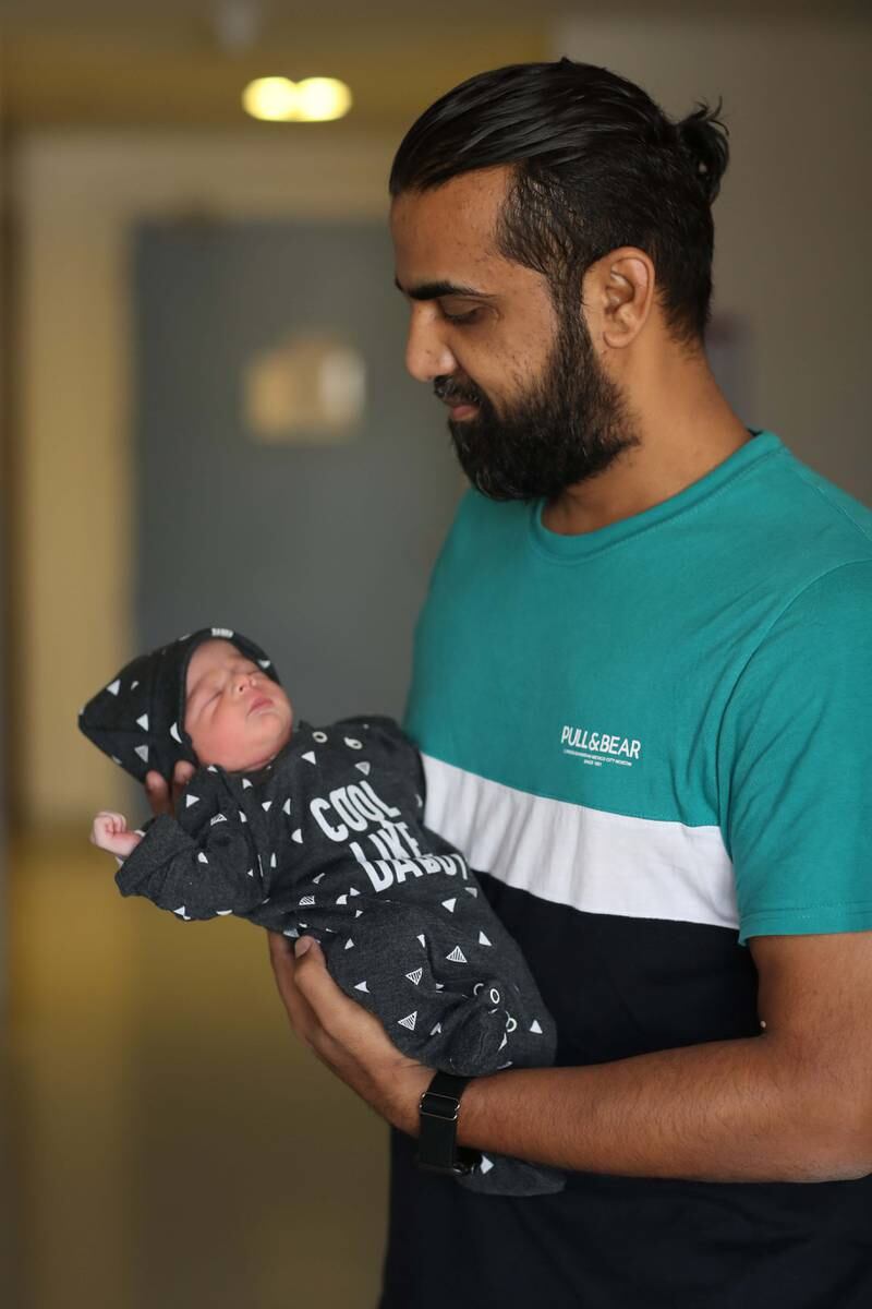 Shameer was born to a Pakistani couple, Saba Irfan and Irfan Khan, just after midnight in Abu Dhabi. He is pictured with his father. Photo: Burjeel Hospital