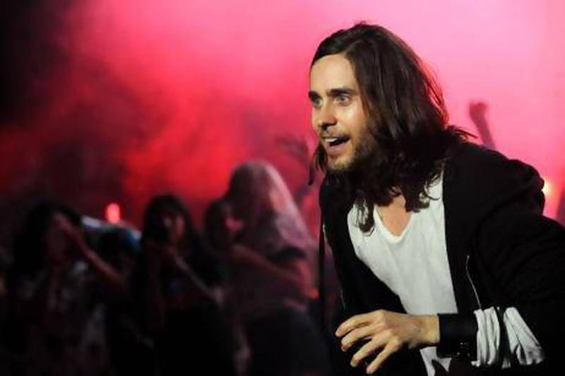 Jared Leto, of 30 Seconds to Mars performs at the 2013 KROQ Weenie Roast at the Verizon Wireless Amphitheatre on Saturday, May 18, 2013 in Los Angeles. (Photo by Katy Winn/Invision/AP)