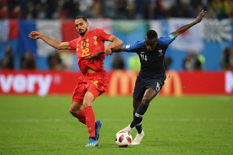 SAINT PETERSBURG, RUSSIA - JULY 10:  Nacer Chadli of Belgium challenges Blaise Matuidi of France during the 2018 FIFA World Cup Russia Semi Final match between Belgium and France at Saint Petersburg Stadium on July 10, 2018 in Saint Petersburg, Russia.  (Photo by Laurence Griffiths/Getty Images)
