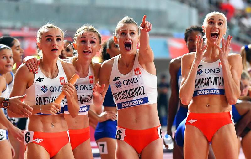 The Polish team celebrate after clinching  second place in the women's 4x400m relay final at the IAAF World Athletics Championships  at the Khalifa Stadium in Doha, on Sunday October 6. EPA