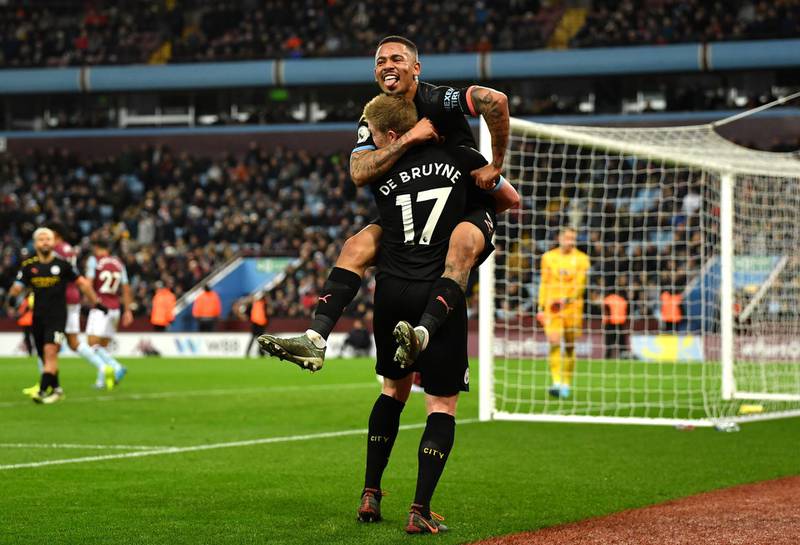 Gabriel Jesus of Manchester City celebrates with Kevin De Bruyne after scoring against Aston Villa at Villa Park on Sunday. Getty Images