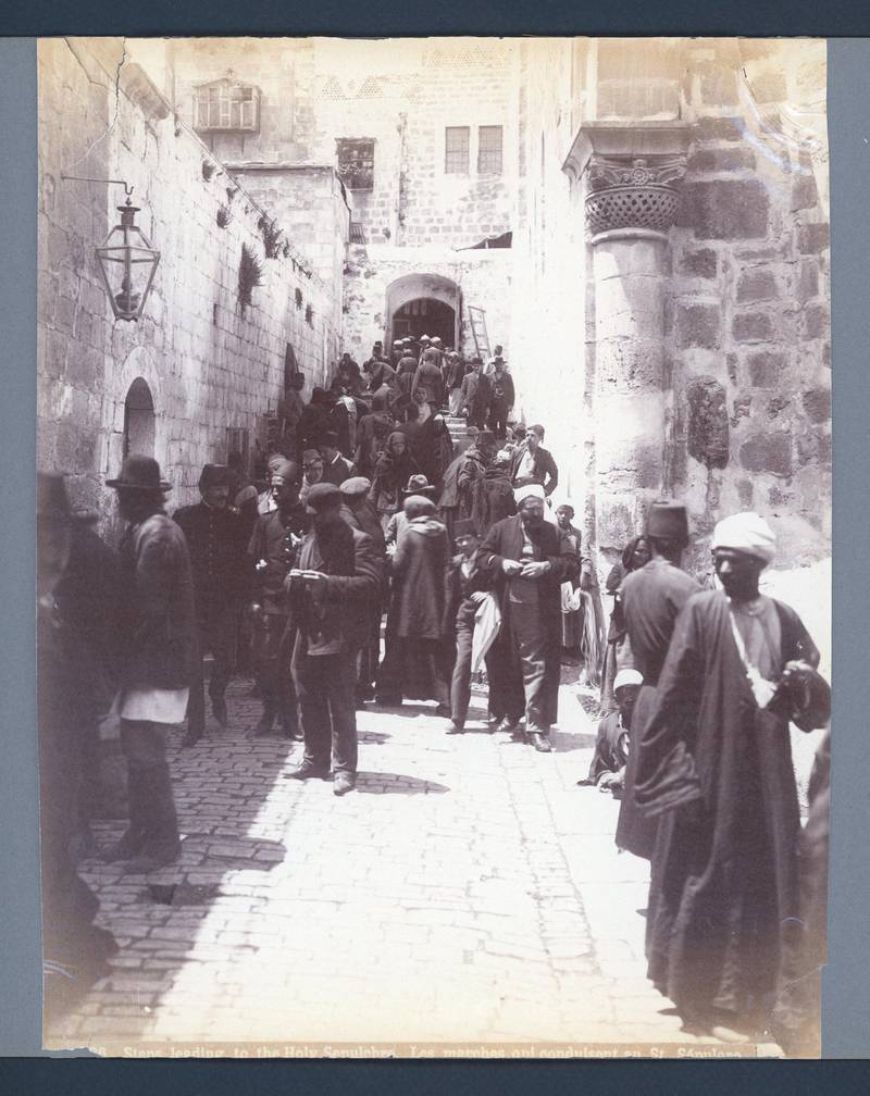 Steps leading to the Holy Sepulchre in Jerusalem, circa 1898-1914. Copyright Hisham Khatib