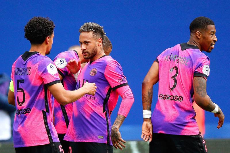 PSG's Marquinhos celebrates with Neymar after making it 2-0. EPA