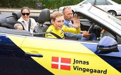 Danish rider Jonas Vingegaard is taken from the airport to his reception in Copenhagen. EPA
