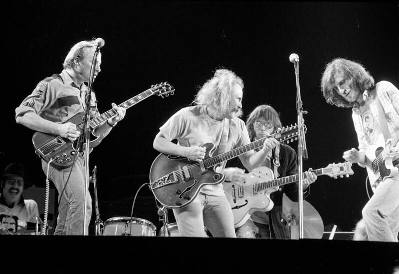 American folk-rock group Crosby, Stills, Nash & Young, performing at Wembley Stadium, London, in 1974. Getty Images 
