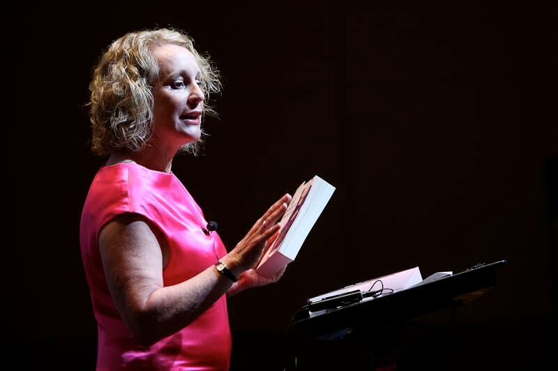 DUBAI, UNITED ARAB EMIRATES – Feb 28: Philippa Gregory addressing the audience on the third day of the International Literature Festival at Intercontinental hotel in Dubai Festival City, Dubai. (Pawan Singh / The National) Story by Ed Lake *** Local Caption ***  PS04- PHILIPPA GREGORY.jpgPS04- PHILIPPA GREGORY.jpg