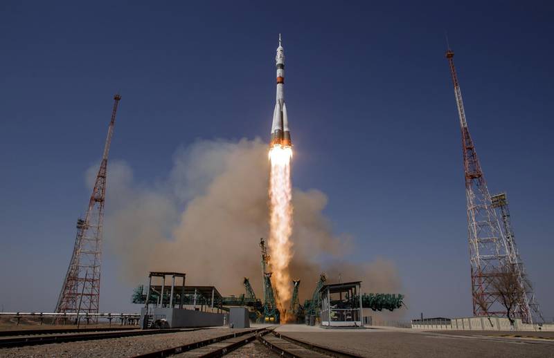 The Soyuz MS-18 spacecraft carrying the crew formed of Mark Vande Hei of NASA and cosmonauts Oleg Novitskiy and Pyotr Dubrov of Roscosmos blasts off to the International Space Station (ISS) from the launchpad at the Baikonur Cosmodrome, Kazakhstan April 9, 2021. NASA/Bill Ingalls/Handout via REUTERS. THIS IMAGE HAS BEEN SUPPLIED BY A THIRD PARTY. MANDATORY CREDIT.
