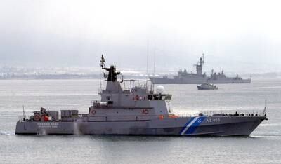 Frigates, part of the Nato permanent fleet based in the Mediterranean Sea, enter the port of Piraeus, Greece, in 2003