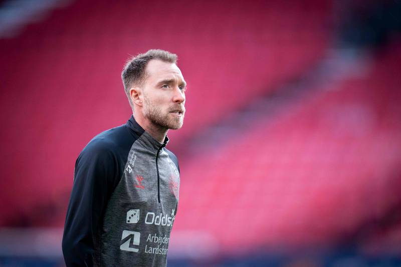 Denmark's Christian Eriksen attends a training session in Copenhagen on Monday, March 28, 2022 on the eve of the friendly against Serbia. AFP