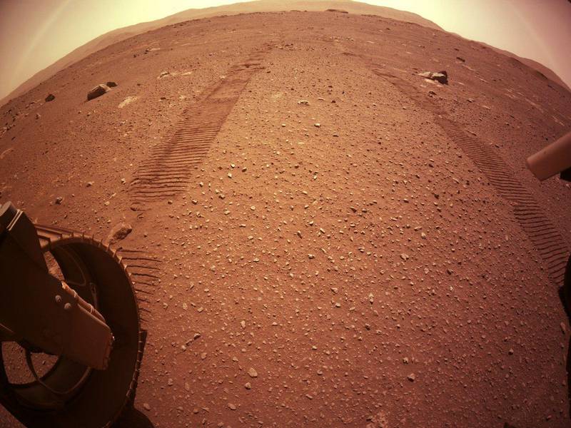 Tracks left behind the Perseverance rover on the Martian surface as it scouted for a drop off location for Ingenuity. Nasa 