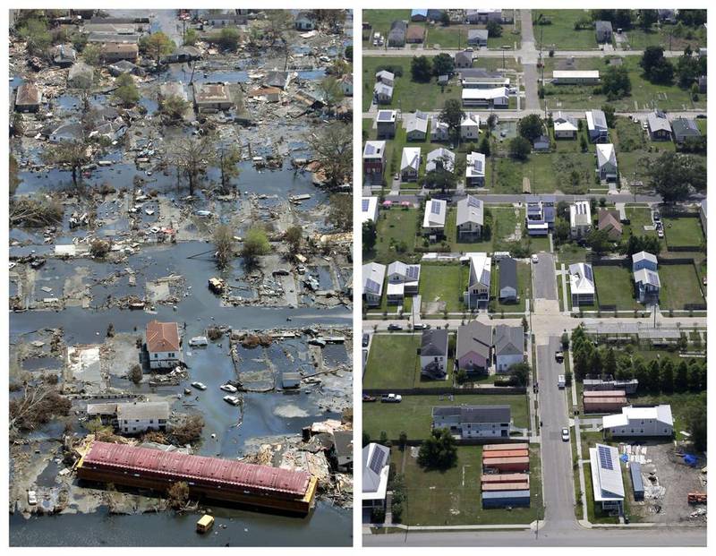 Aerial photos show the Lower Ninth Ward of New Orleans.