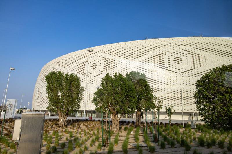 Trees and plants outside the Al Thumama Stadium, which has been designed to reflect the gahfiya, which is the cap worn underneath a ghutra. Bloomberg
