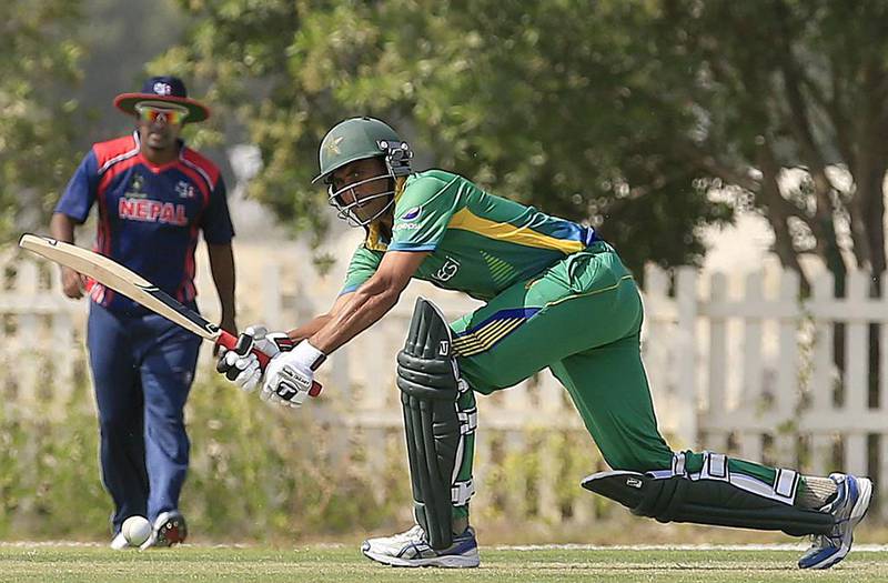 Pakistan’s Waqar Younis during an international friendly match against Nepal at Academy Oval grounds at Zayed Cricket Stadium in Abu Dhabi. Ravindranath K / The National