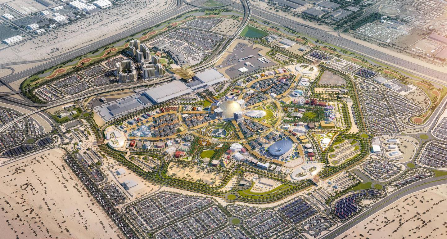 An illustration of the Dubai Expo 2020 site. Al Wasl Plaza is the gold domed building in the centre. The white 'feathered' building to its right is the UAE Pavilion and the silver disk is the Sustainability Pavilion. Courtesy Expo 2020 Dubai