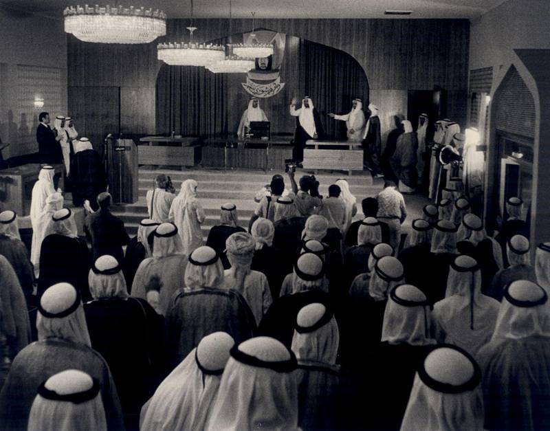 The late Sheikh Zayed Bin Sultan attending the first session of the National Consultative Council in Abu Dhabi, October 3, 1971. Photo / Al Ittihad 