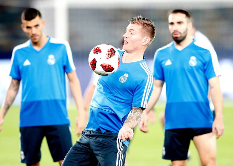 Real Madrid's Toni Kroos attends a training session at Zayed Sports City stadium in Abu Dhabi. EPA