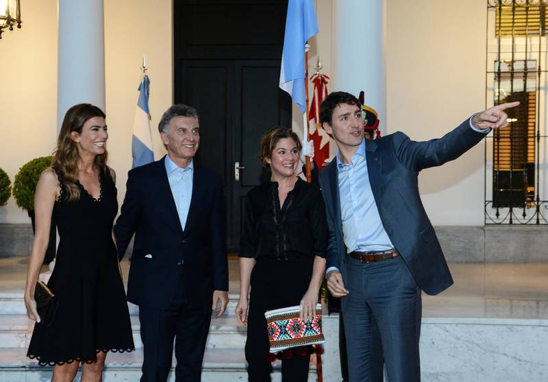 Canada's Prime Minister Justin Trudeau gestures alongside his wife Sophie, Argentina's President Mauricio Macri and his wife Juliana at the Olivos Presidential Residence. Reuters