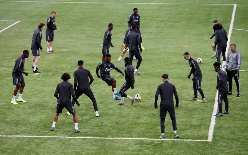Manchester United players train at the Astana Arena for their Europa League clash against FC Astana. Reuters