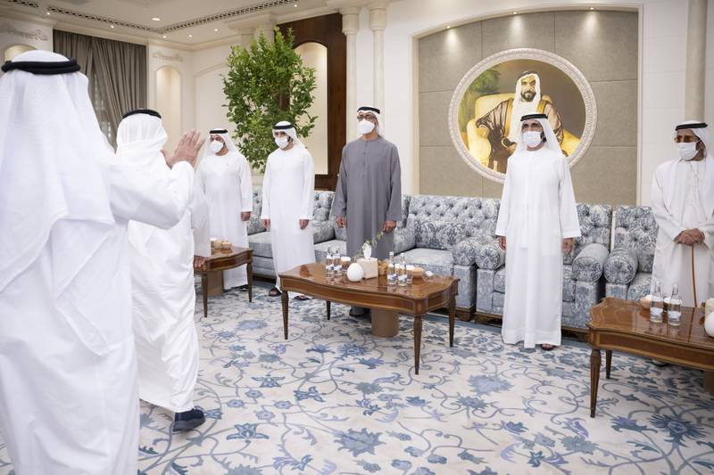 Sheikh Mohamed and other UAE leaders receive mourners.