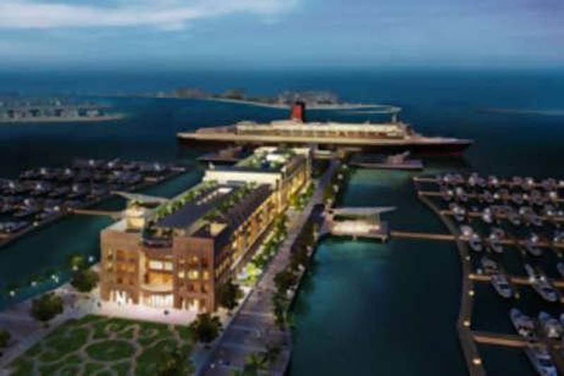 An artist's rendering of the QE2 at the specially designed port in Palm Jumeirah, Dubai.