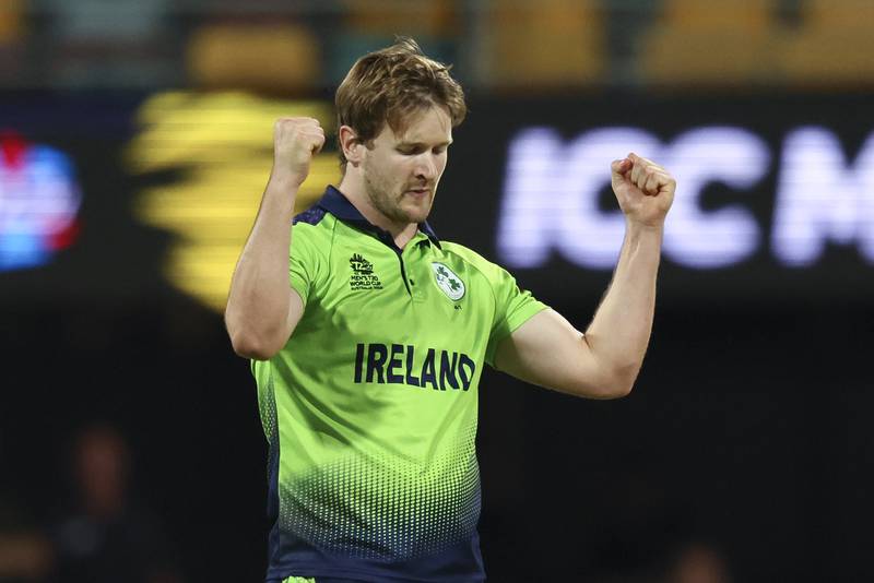 Ireland's Barry McCarthy celebrates after taking the wicket of Australia's Aaron Finch. AP 
