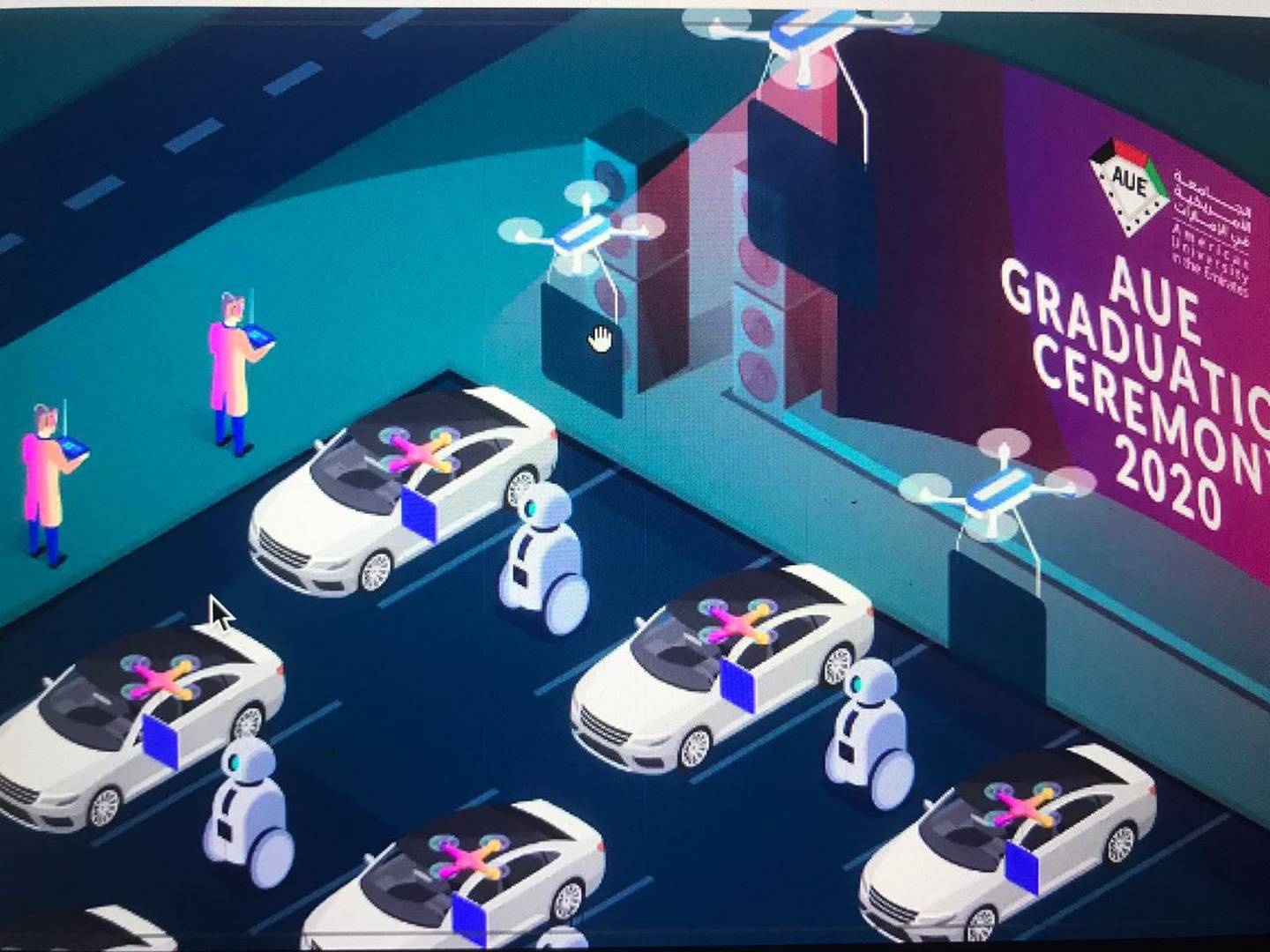 An illustration of the planned graduation ceremony that will use drones to deliver certificates to graduates of the American University in the Emirates. Courtesy: American University in the Emirates