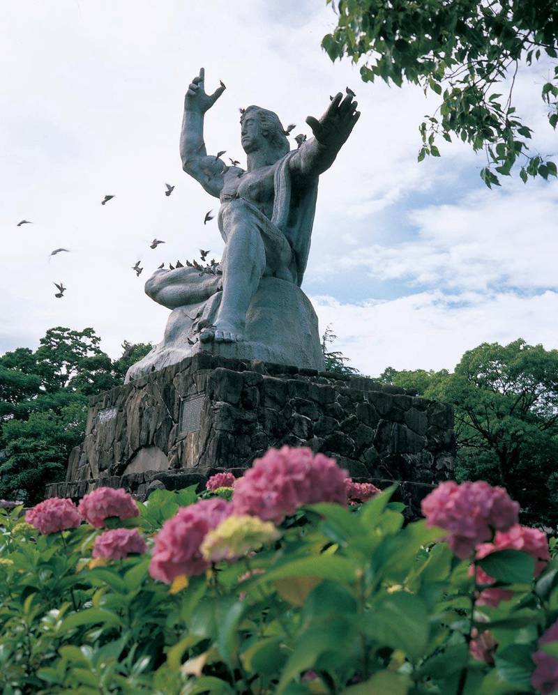 Peace Statue and Hydrangea, the City Flower, Nagasaki City