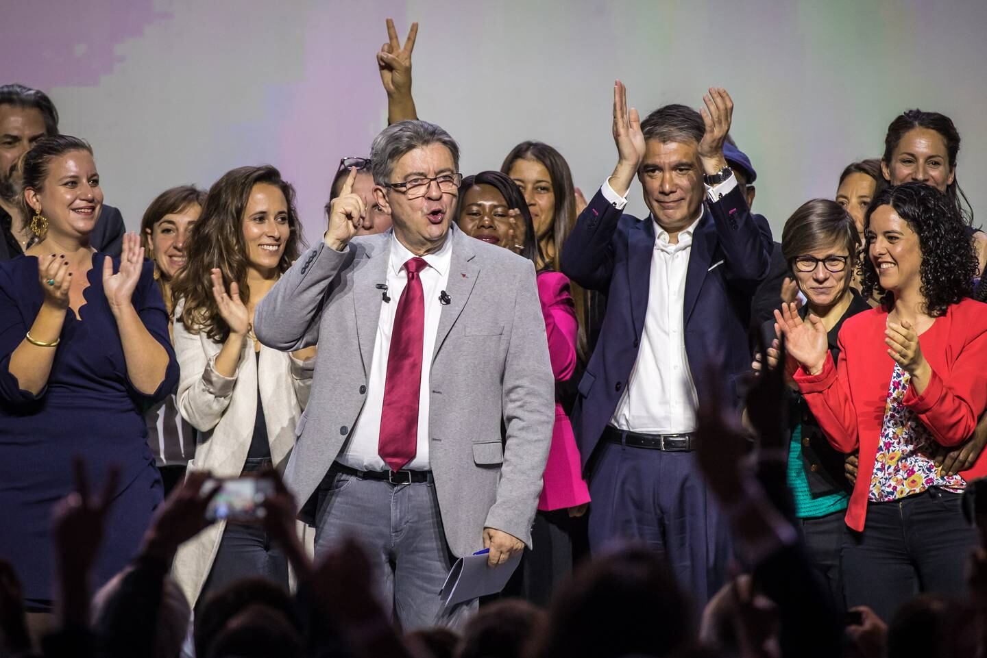 Jean-Luc Melenchon, centre left, has cobbled together myriad parties on the left ahead of the French parliamentary election. EPA