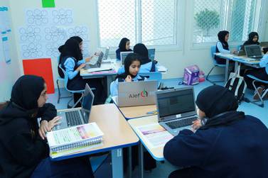 Pupils use the interactive Alef Education platform at Al Asayel School. Courtesy Alef Education